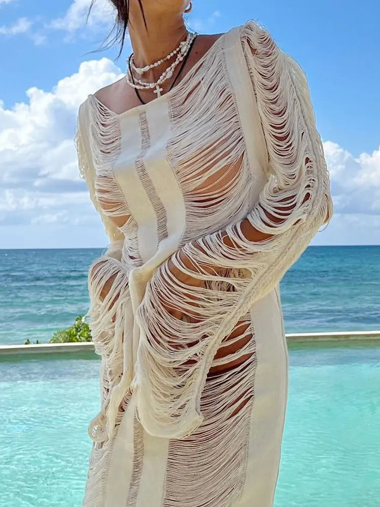 Ondela-White Knitted Sexy Hollow Out Fringe Beach Laced Back