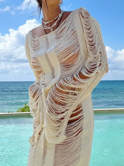 Ondela-White Knitted Sexy Hollow Out Fringe Beach Laced Back