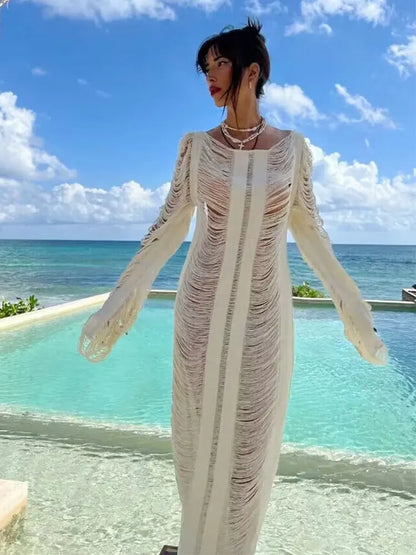 Ondela-White Knitted Sexy Hollow Out Fringe Beach Laced Back
