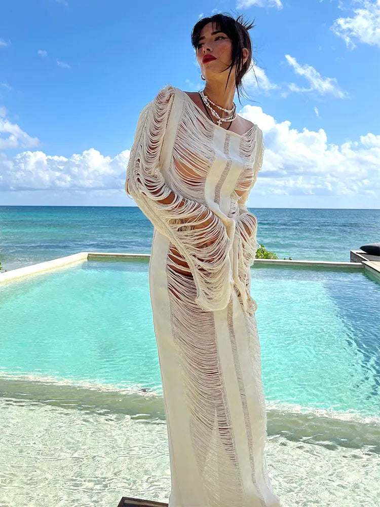 Ondela-White Knitted Sexy Hollow Out Fringe Beach Laced Back