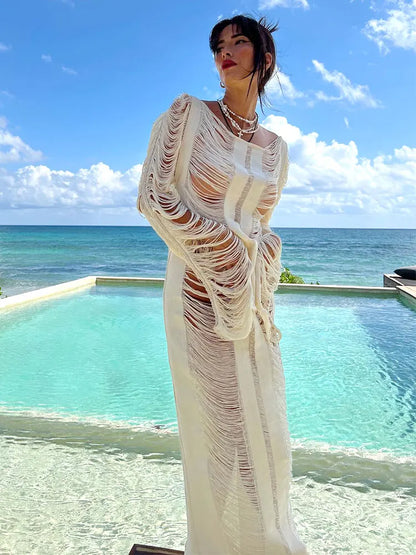 Ondela-White Knitted Sexy Hollow Out Fringe Beach Laced Back