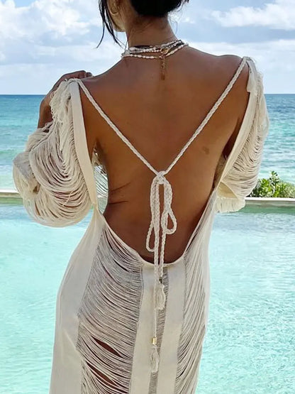 Ondela-White Knitted Sexy Hollow Out Fringe Beach Laced Back