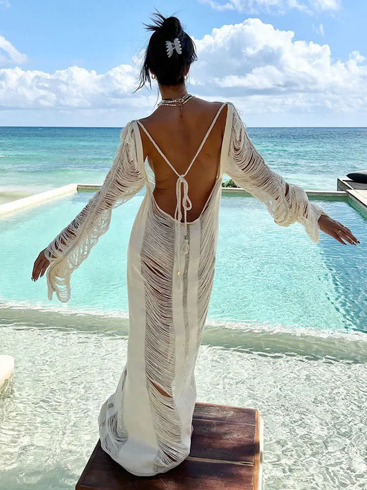 Ondela-White Knitted Sexy Hollow Out Fringe Beach Laced Back