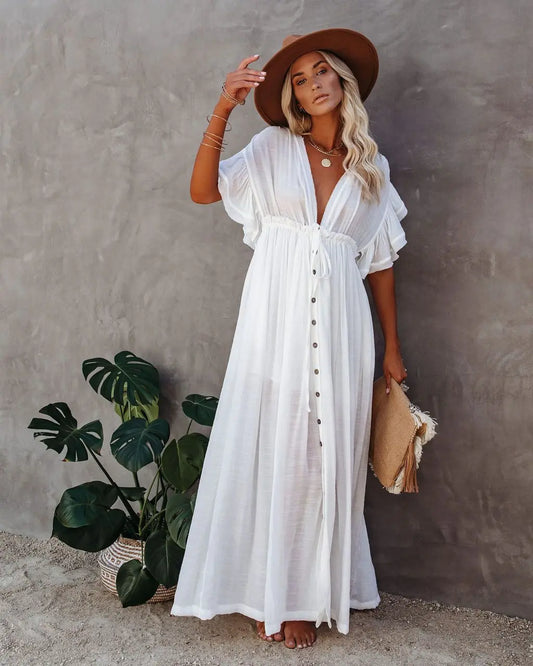 Ondela-High Quality Cover-Up Solid V-Neck Kimono Beach Dresses Lace Up